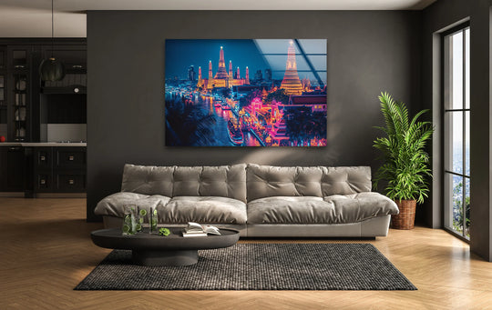 Reflecting the stillness of night, the Neon City Bangkok landscape glass wall art captures a tranquil moment of home decoration in a vibrant urban scene.