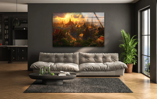 Featuring a vividly colored, golden Bangkok city view print wall art piece against a backdrop of a sleek, modern living room with hardwood floors.