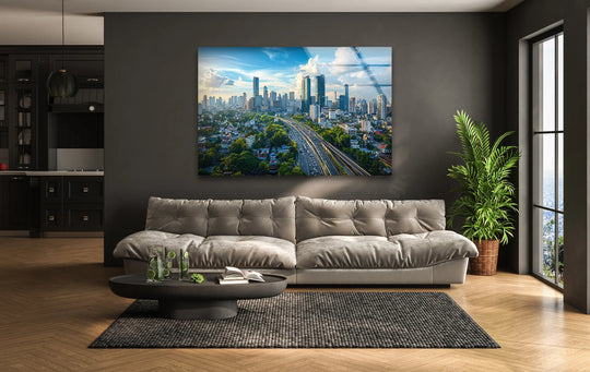 Showcasing the high-resolution and durable tempered glass, this Tropic Bangkok glass wall art decor brings a modern cityscape view with exceptional clarity.