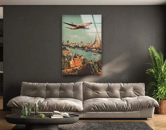 Creating a sense of depth and layers, the vintage Bangkok view hanging wall art presents a captivating aerial perspective of the city and river below a soaring airplane.