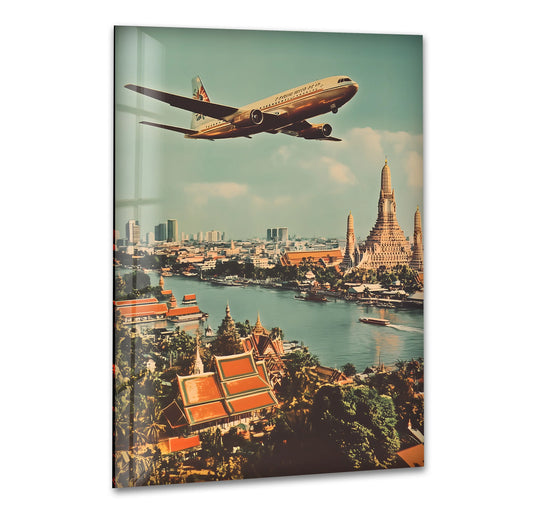 Nostalgic vintage Bangkok View glass decorative wall art evokes a serene mood with its retro color palette and striking cityscape with a classic airplane.