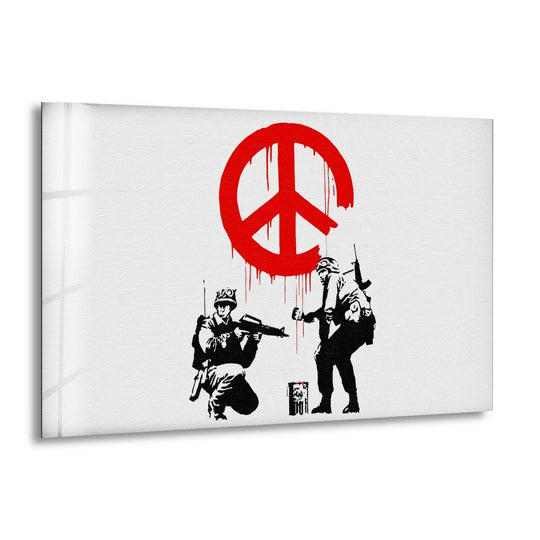 Banksy CND Soldiers glass wall art with a red dripping peace symbol over two black soldiers is a famous pop art design and Banksy art decor piece