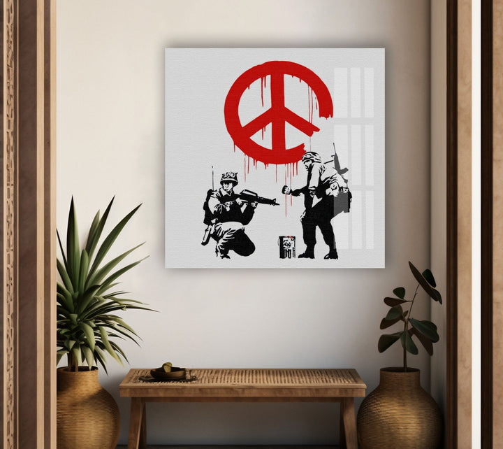 Banksy CND Soldiers Peace Tempered Glass Wall Art - MyPhotoStation - Transform your home with Banksy wall art, available in various sizes and designs. Shop our collection of Banksy paintings for sale, including original art and prints. Buy Banksy art and enjoy the vibrant, thought-provoking imagery that defines his work.