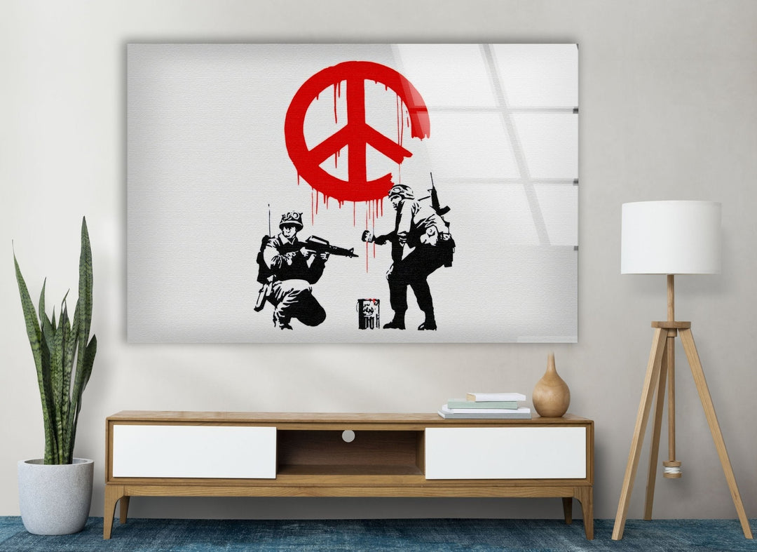 Banksy CND Soldiers Peace Tempered Glass Wall Art - Artdesigna Glass Printing Wall Arts - Large Banksy Wall Art - Explore Banksy original art for sale and bring the renowned street artist's work into your space. Our collection includes large Banksy wall art, prints, and paintings. Purchase Banksy art and add a bold, artistic touch to your home decor today.