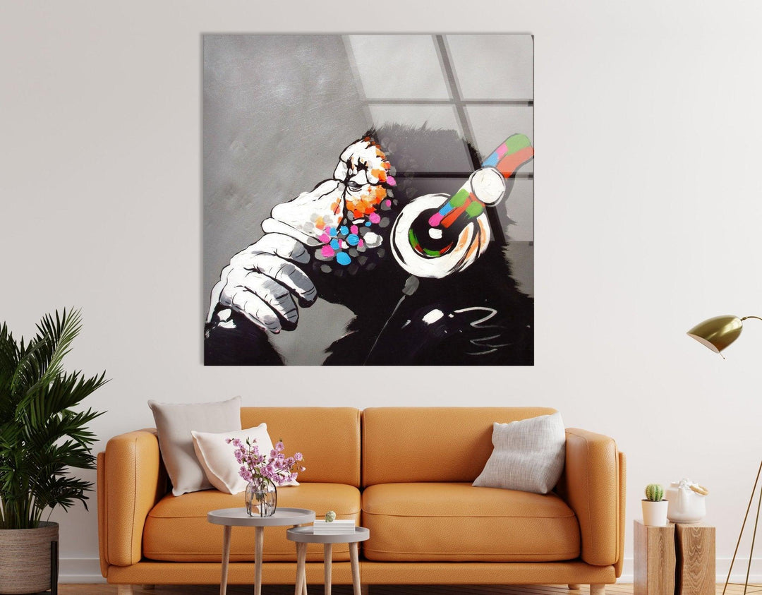 Banksy DJ Monkey Gorilla Thinking Tempered Glass Wall Art - Artdesigna Glass Printing Wall Arts - Banksy paintings for sale - Find the best Banksy paintings for sale and add a touch of modern street art to your decor. Our Banksy art for sale includes a variety of prints, paintings, and original pieces. Purchase Banksy art and enhance your living space with iconic imagery.