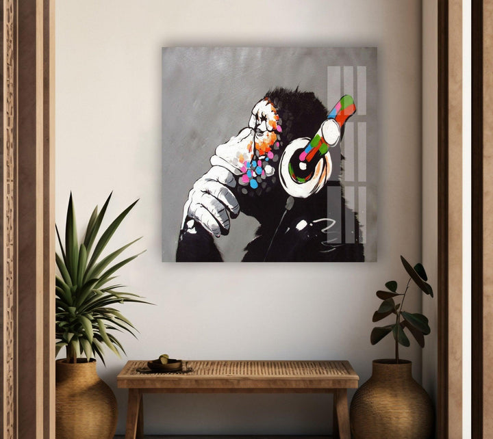 Banksy DJ Monkey Gorilla Thinking Tempered Glass Wall Art - MyPhotoStationArtdesigna Glass Printing Wall Arts - Banksy Art Prints Artdesigna Glass Printing Wall Arts - Purchase Banksy art