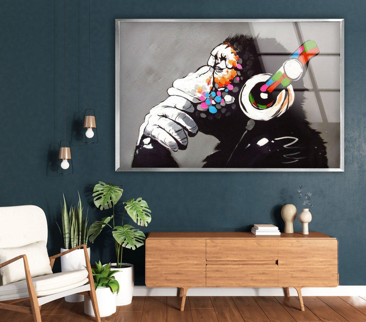 a living room with a large painting on the wall Banksy DJ Monkey Gorilla Thinking Framed Wall Art