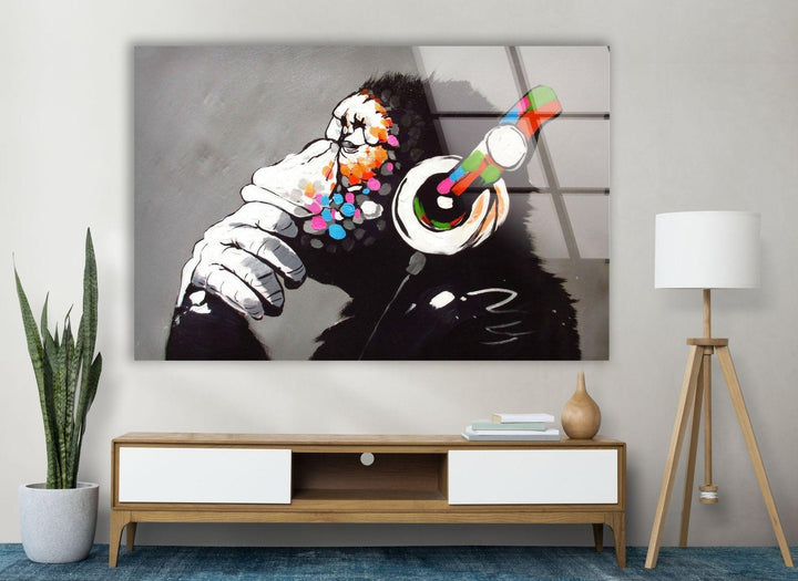 Banksy DJ Monkey Gorilla Thinking Tempered Glass Wall Art - Artdesigna Glass Printing Wall Arts - Banksy original art for sale - Discover Banksy wall art for sale and bring unique, provocative designs into your home. Shop our extensive collection of Banksy art prints, including large Banksy wall art pieces, and make a bold statement with authentic Banksy paintings for sale