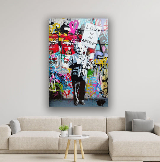 Banksy Einstein Graffiti glass wall art featuring the scientist holding a Love is the Answer sign a colorful piece of urban wall decor