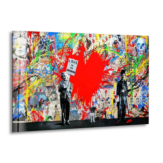 Banksy Einstein Love is the Answer glass wall art features a colorful urban street art style with Chaplin and a central red heart