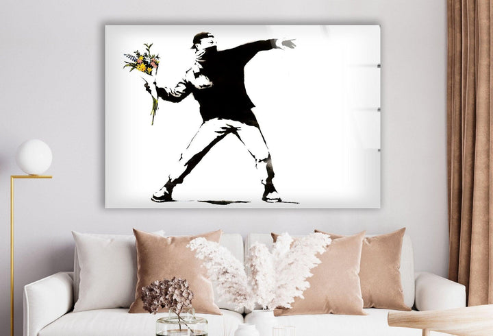 Banksy Flower Thrower Glass Wall Art - Artdesigna Glass Printing Wall Arts - Banksy Prints