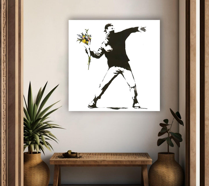 Banksy Flower Thrower Tempered Glass Wall Art - MyPhotoStation - Artdesigna Glass Printing Wall Arts - Banksy Artwork for Sale
