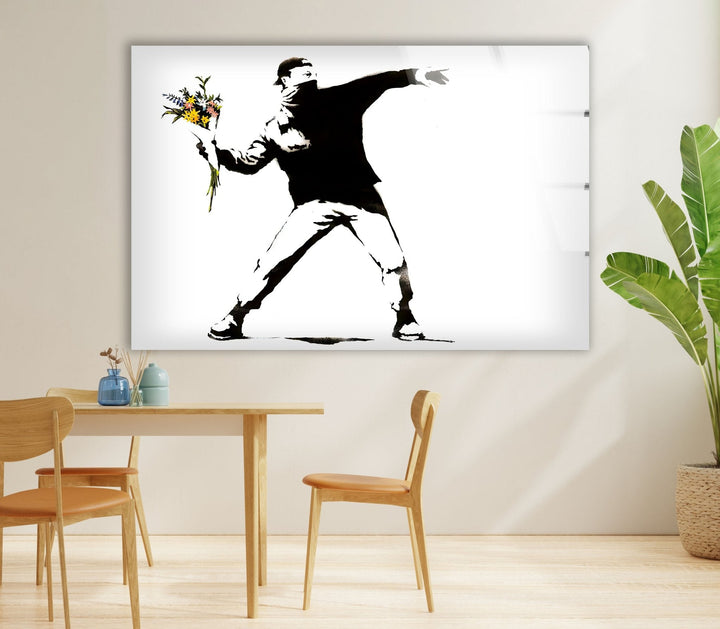 Banksy Flower Thrower Glass Wall Art - Artdesigna Glass Printing Wall Arts - Buy Banksy Art