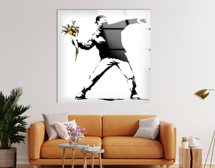 Banksy Flower Thrower Glass Wall Art - Artdesigna Glass Printing Wall Arts - Buy Banksy Art
