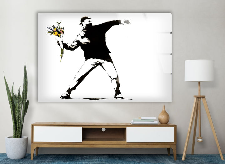 Banksy Flower Thrower Glass Wall Art - Artdesigna Glass Printing Wall Arts - Banksy prints for sale 