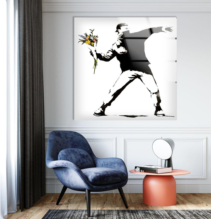 Artdesigna Glass Printing Wall Arts - Banksy Flower Thrower Glass Wall Art Large Banksy Wall Art - 