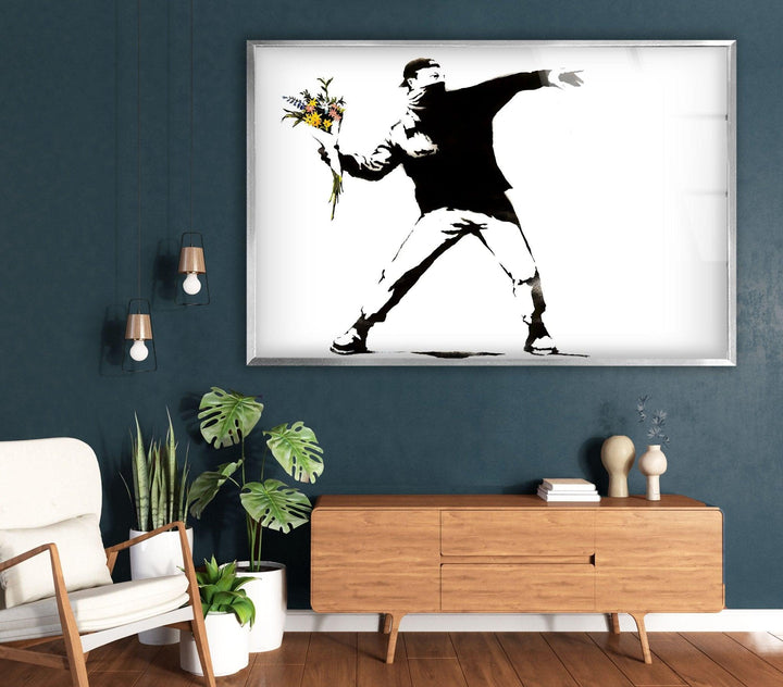 Banksy Flower Thrower Glass Wall Art - Artdesigna Glass Printing Wall Arts - Purchase Banksy art