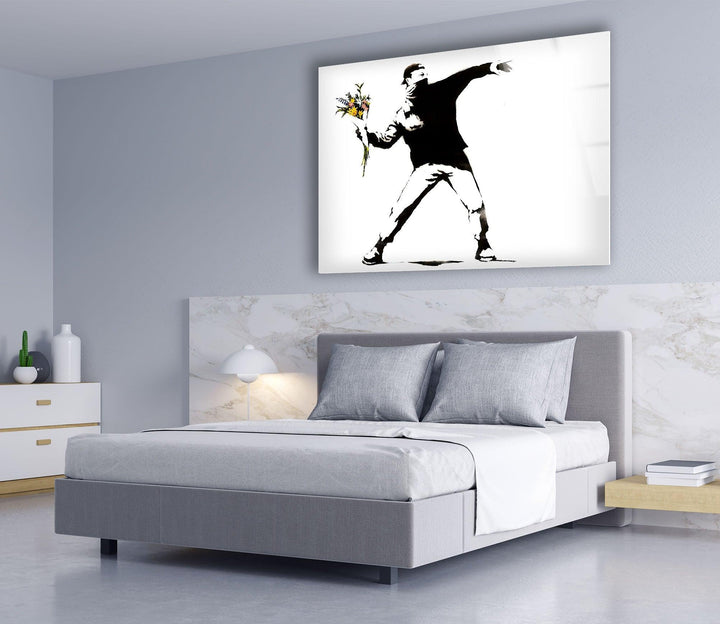 Banksy Flower Thrower Glass Wall Art - Artdesigna Glass Printing Wall Arts - Banksy Art for Sale