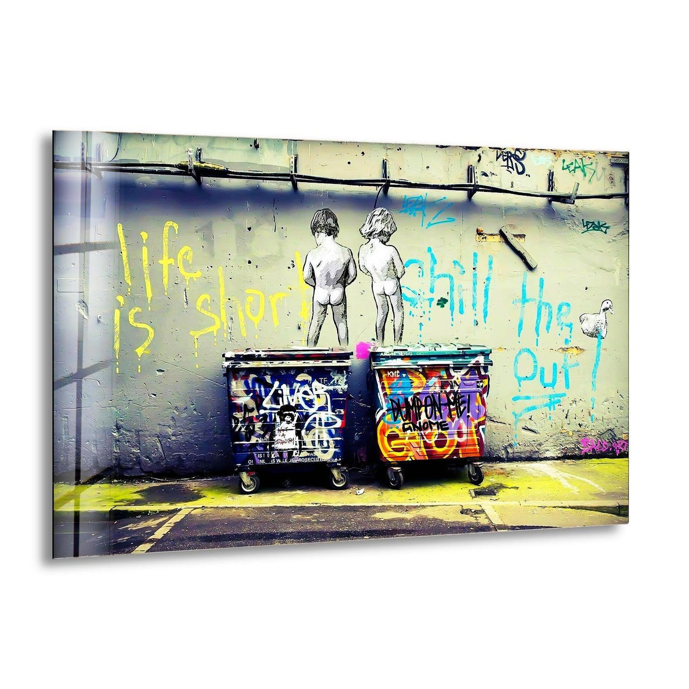 Two graffiti-covered bins appear to be in motion in this vibrant glass art painting of a city alley.