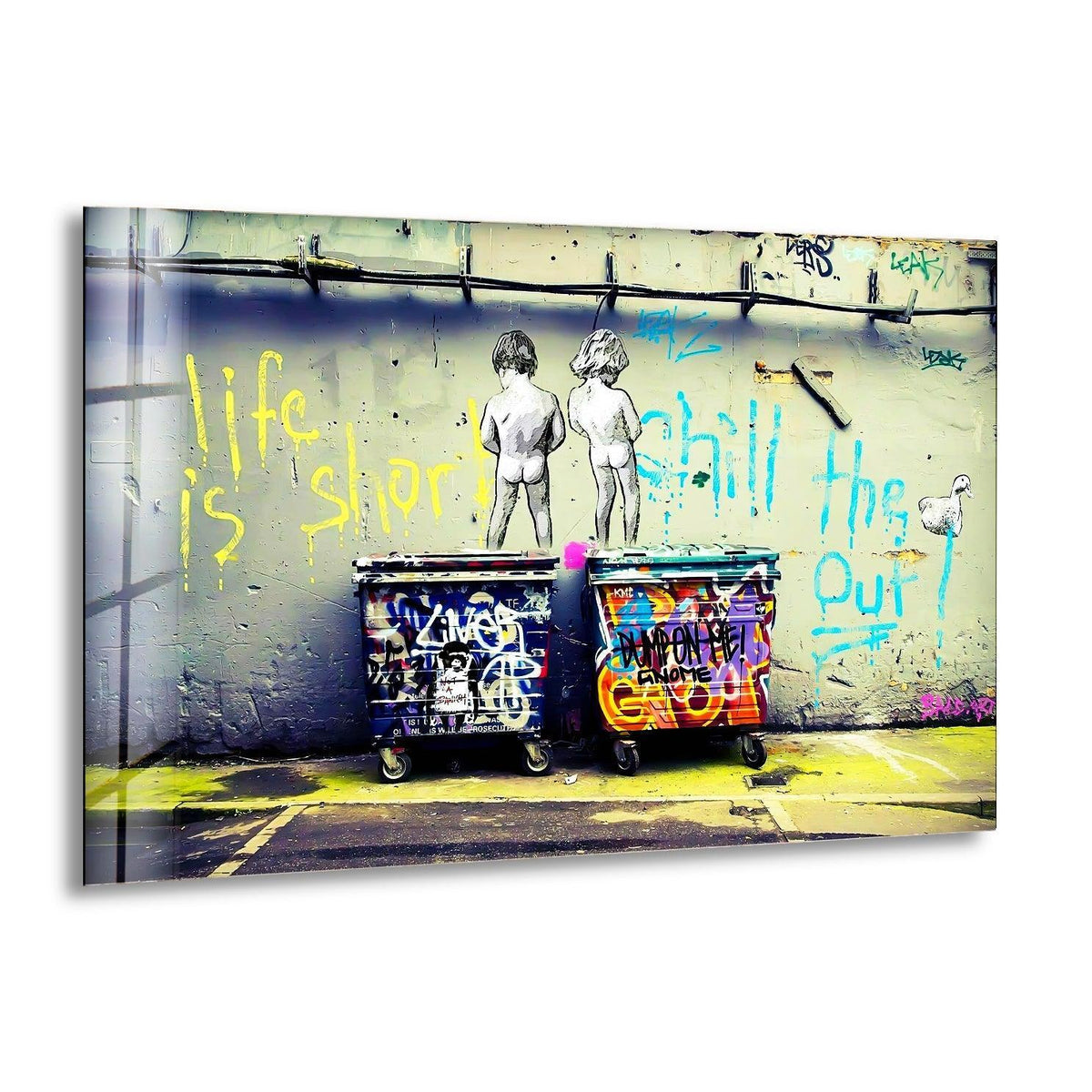 Two graffiti-covered bins appear to be in motion in this vibrant glass art painting of a city alley.