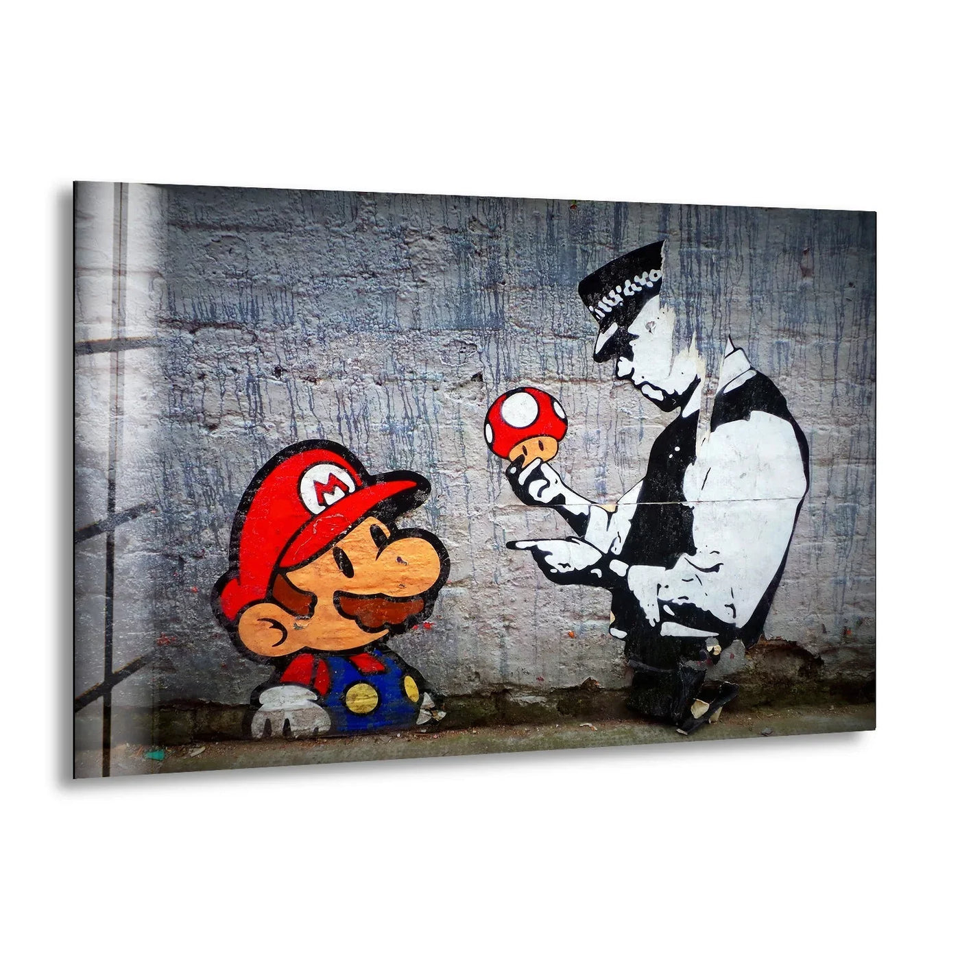 Banksy Mario and police man glass wall art featuring a glossy finish and vibrant colors.