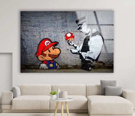 Banksy Mario and Police Man glass wall art a colorful piece of Banksy Art with the video game character and a policeman