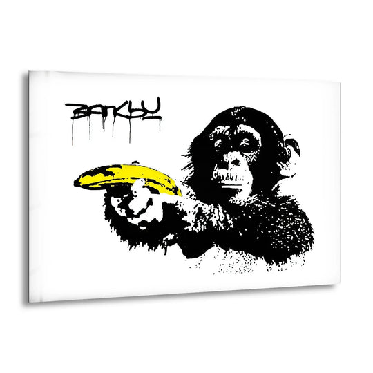 This Banksy glass wall art depicts the Pulp Fiction Bananas parody an iconic street art print with a chimp and a yellow banana