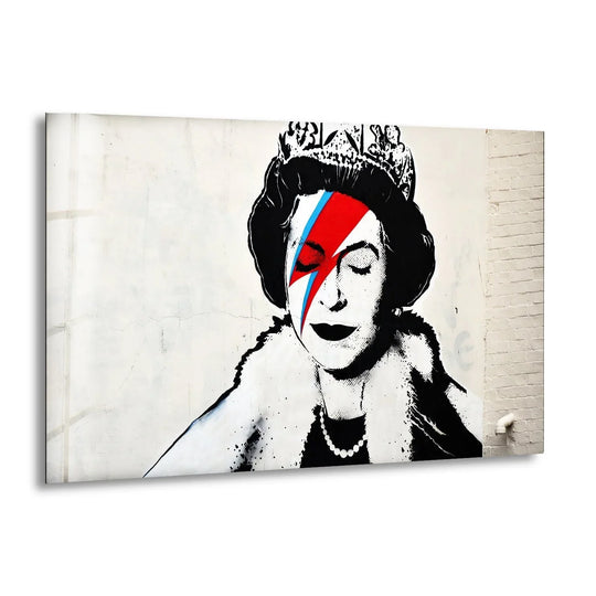 Banksy Queen Elizabeth glass wall art depicts the monarch in a street art style with a red and blue bolt a large Banksy art print