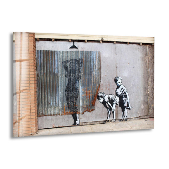This Banksy glass wall art features the Shower Peeping Boys a provocative piece of graffiti and urban street art on a horizontal print