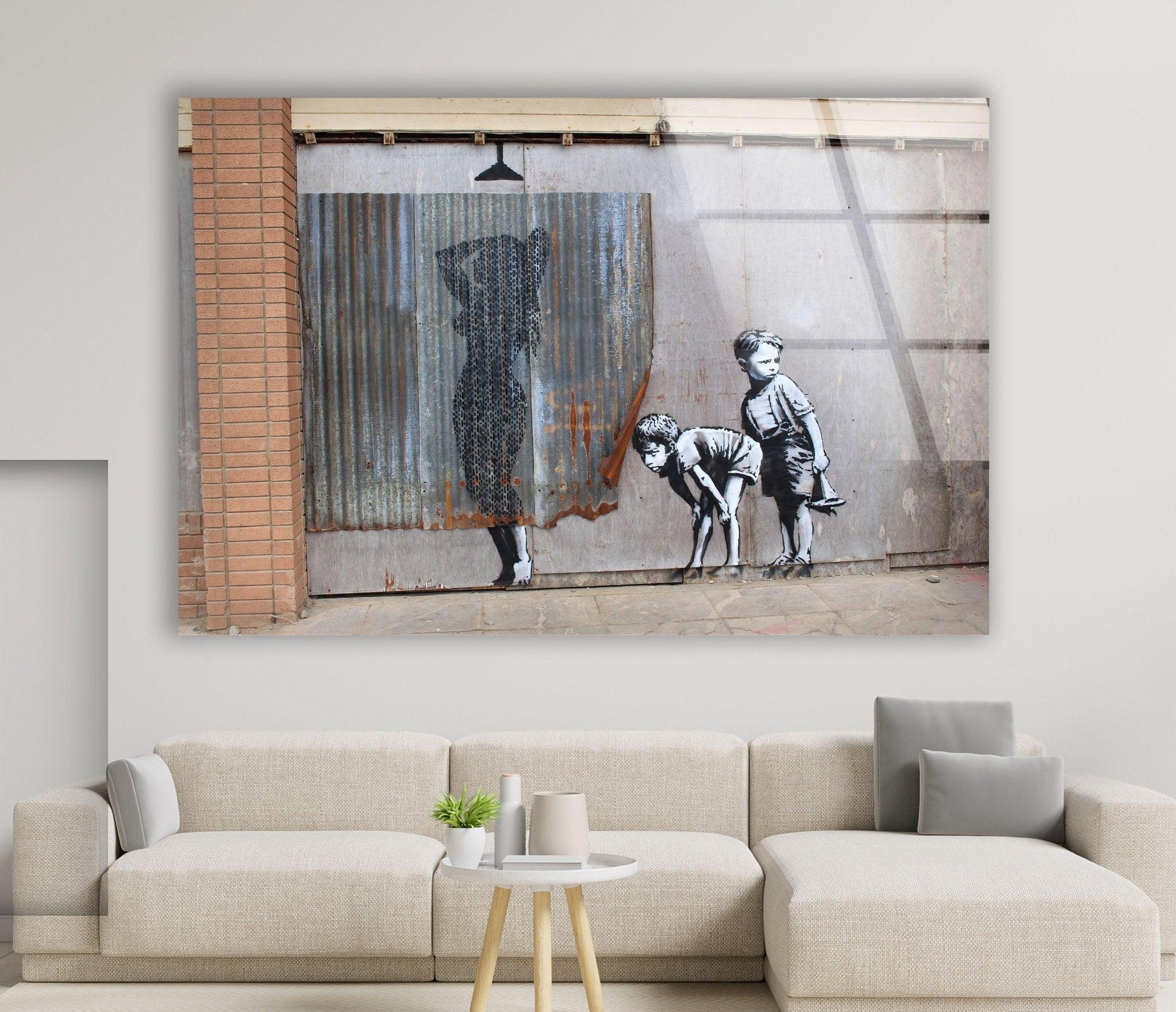 Banksy Art | Shower Peeping Boys | High-Quality Glass Art Prints