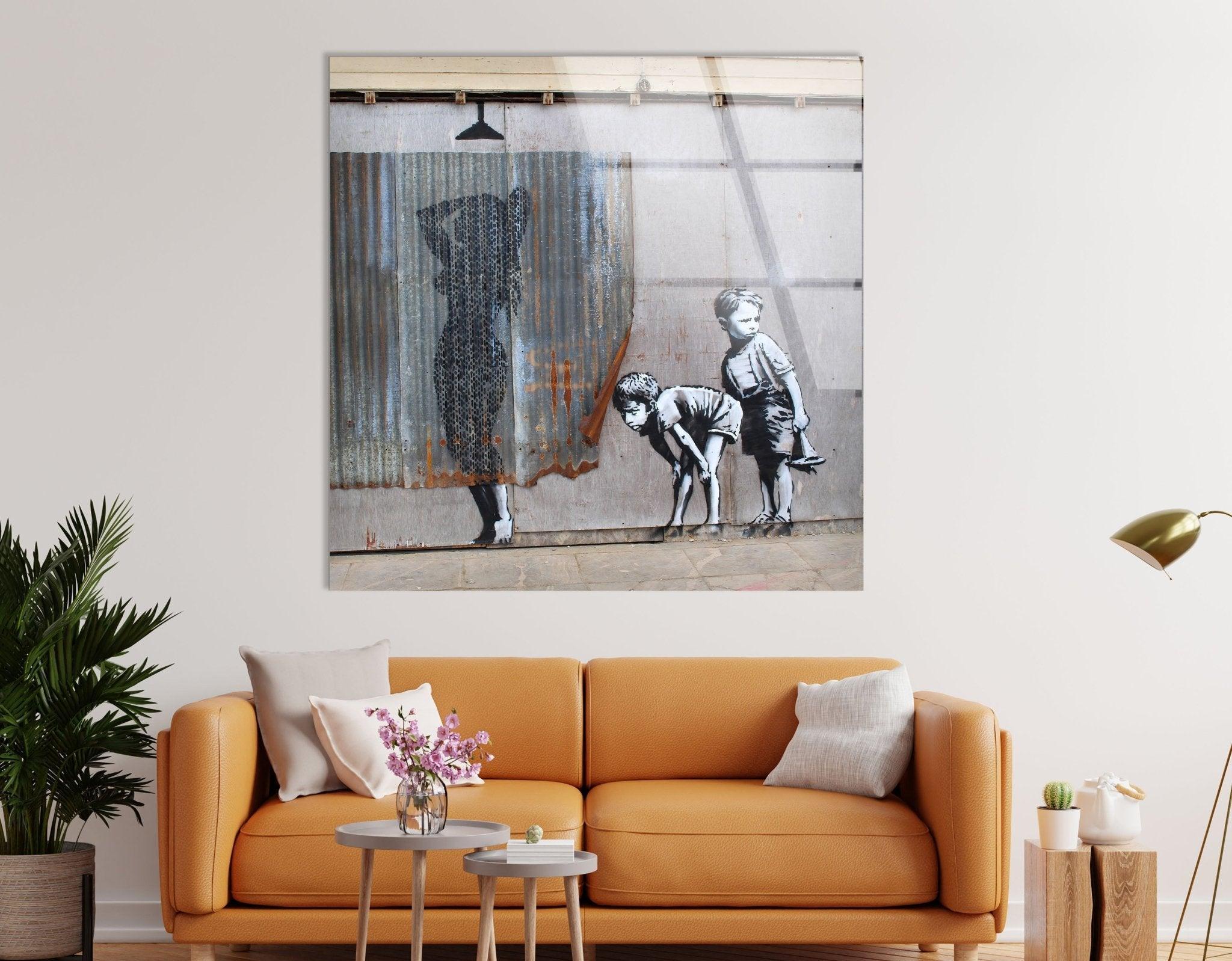 Banksy Art | Shower Peeping Boys | High-Quality Glass Art Prints