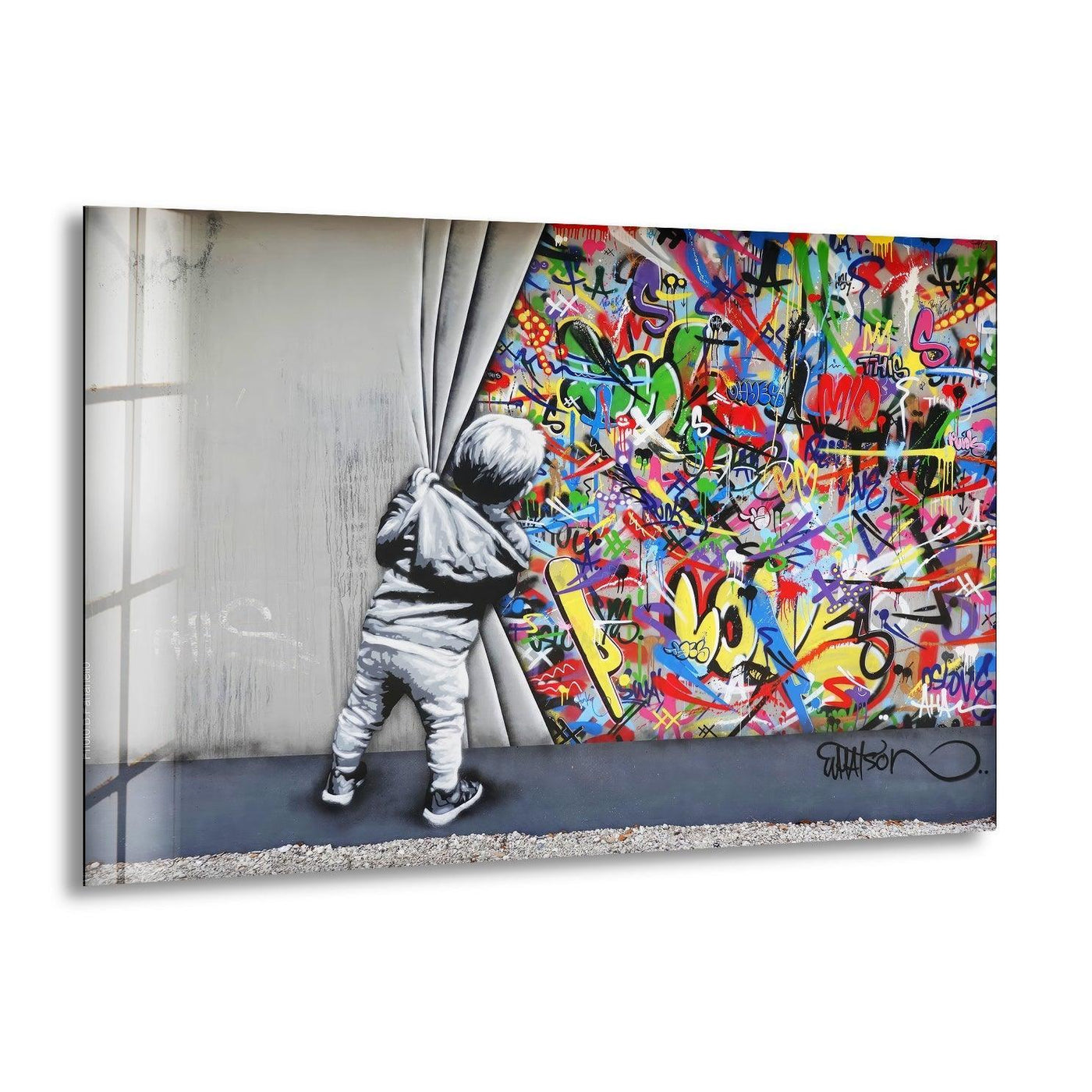 A child pulls back a curtain to reveal a vibrant, layered graffiti wall, creating a striking depth in this best glass art.