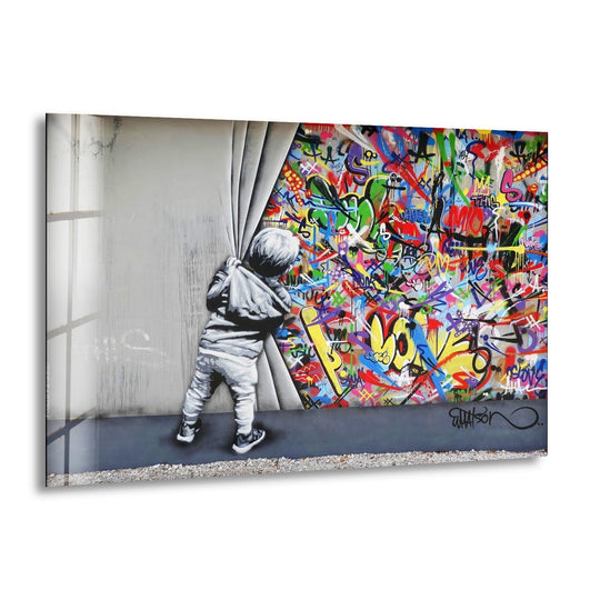 This Banksy glass wall art shows a child uncovering colorful graffiti a vibrant Banksy Street Art design and modern graffiti artwork