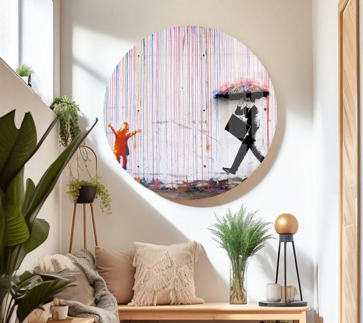 Banksy Umbrella Man Rainbow Rain Tempered Glass Wall Art - MyPhotoStation - Shop Banksy artwork for sale and bring the famous street artist's work into your home. From Banksy wall art to original paintings, our collection has something for every art lover. Purchase Banksy art and transform your decor with bold, contemporary pieces.