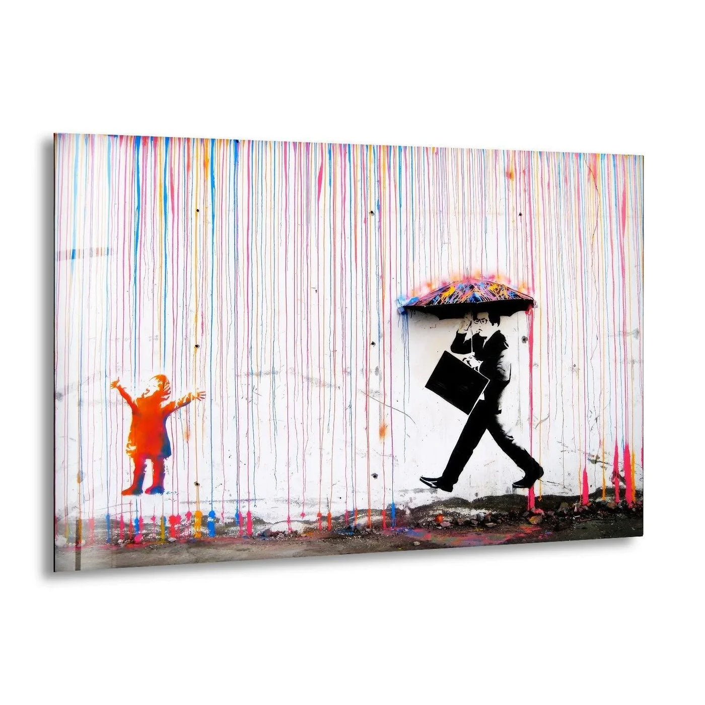 A solitary figure with a vibrant rainbow umbrella pauses in the stillness of dripping paint, part of this Banksy glass wall artwork.