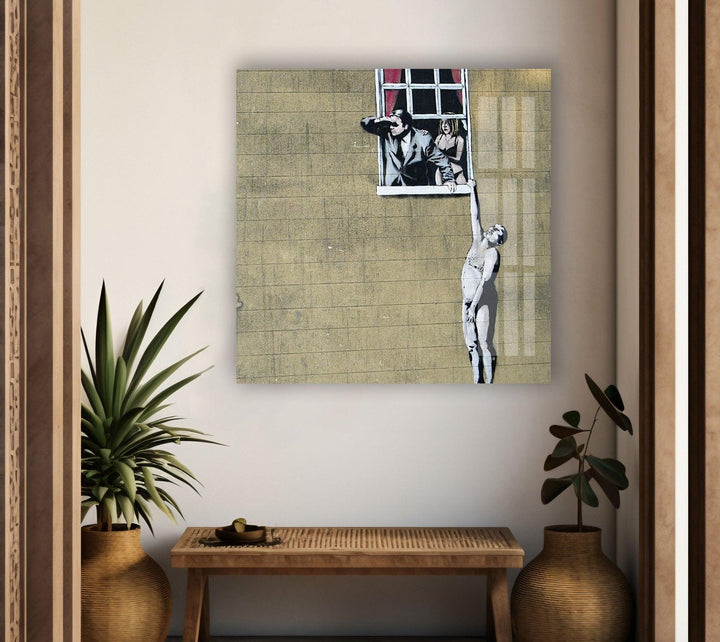 Banksy Well Hung Lover Tempered Glass Wall Art - MyPhotoStation - Artdesigna Glass Printing Wall Arts - Banksy prints for sale