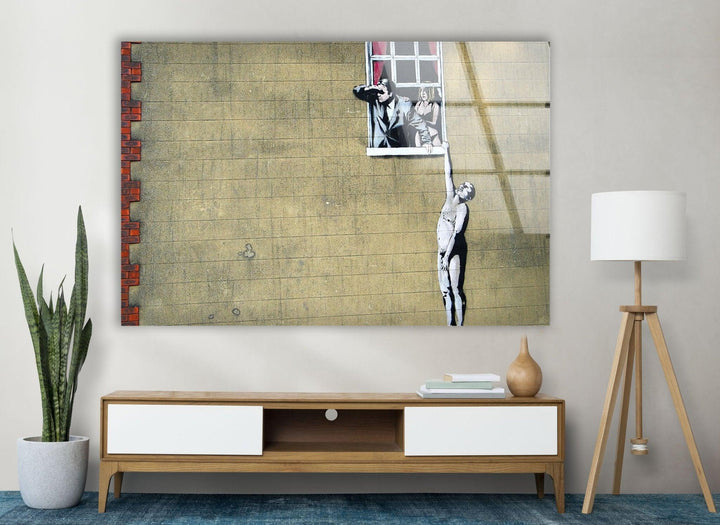 a painting of a man holding a ladder up to a window