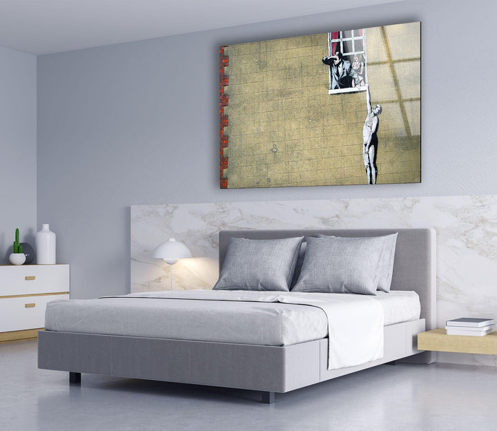 Banksy Well Hung Lover Tempered Glass Wall Art - Artdesigna Glass Printing Wall Arts - Banksy original art for sale