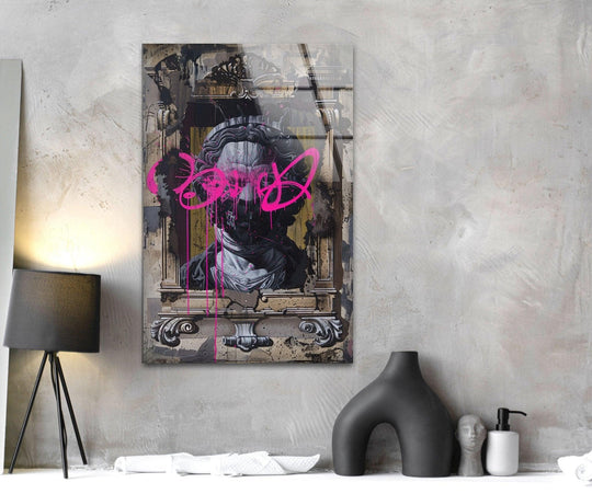 A cool toned baroque portrait with graffiti art is featured on this vivid glass wall art.