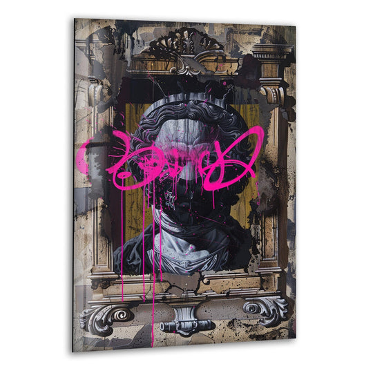 Intense hot pink spray paint saturates a classical baroque portrait glass wall art with vibrant, high-contrast colors.