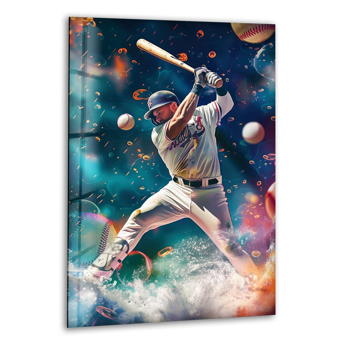 Reflecting its sleek edge, this baseball player glass wall art enhances any space with its dynamic border, offering modern home decor.