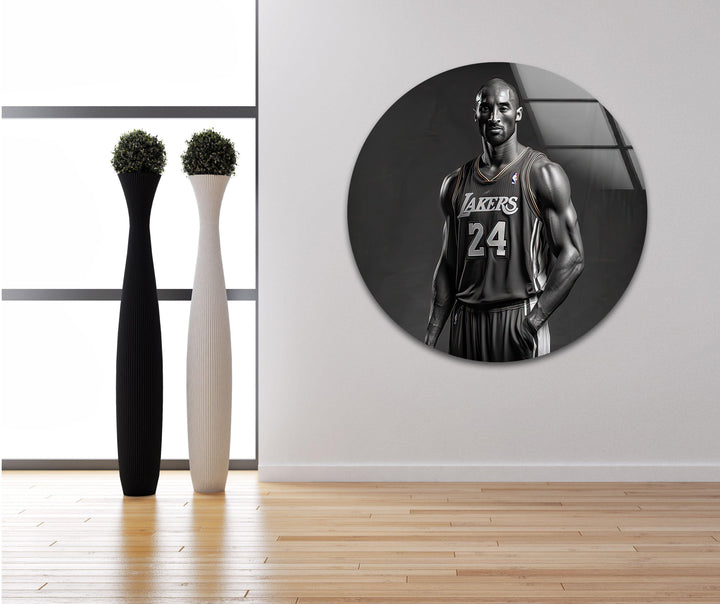 Black and white sports-themed wall art highlighting a confident athlete in full Lakers gear.