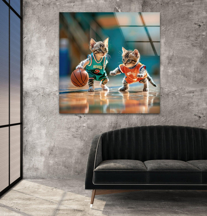Fun basketball-themed glass art with two sporty kittens competing for the ball.