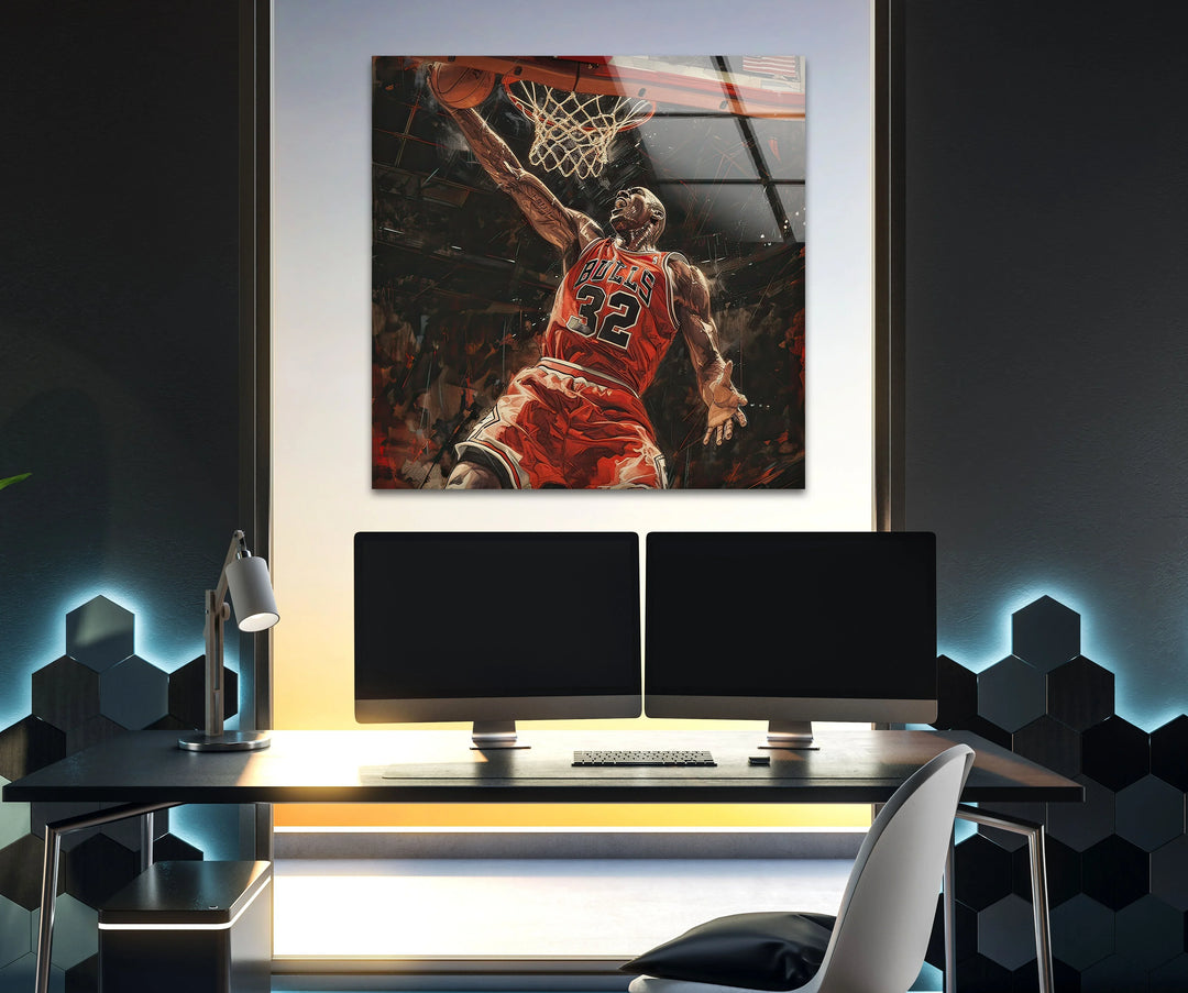 Glass wall art featuring a player in a red jersey executing an explosive dunk motion.-Michael Jordan Basketball Glass Wall Art 