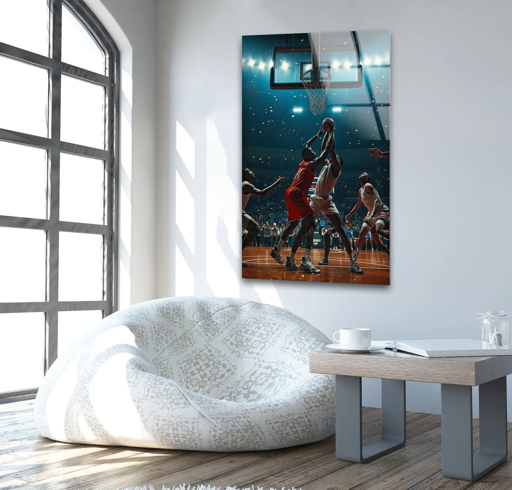 Dynamic basketball glass print showing athletes fighting for a shot beneath bright stadium lights.