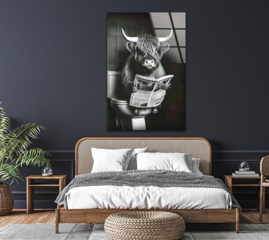 Glass panel artwork featuring a cute highland cow holding a newspaper in a bathroom scene.