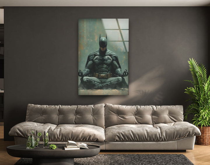 Yoga Master Batman Glass Wall Art, photo print on glass, prints on glass wall art