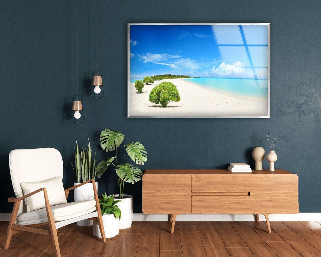 Coastal-inspired home decor featuring a sunny beach and tranquil sea on tempered glass.

