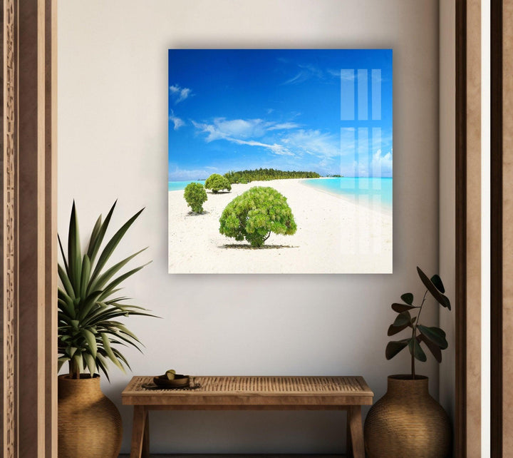 Scenic tropical landscape with palm trees, white sand, and a calm sea, printed on glass.
