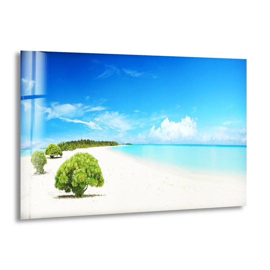 Breathtaking tropical beach with white sand, turquoise waters, and clear blue skies, printed on glass wall art.
